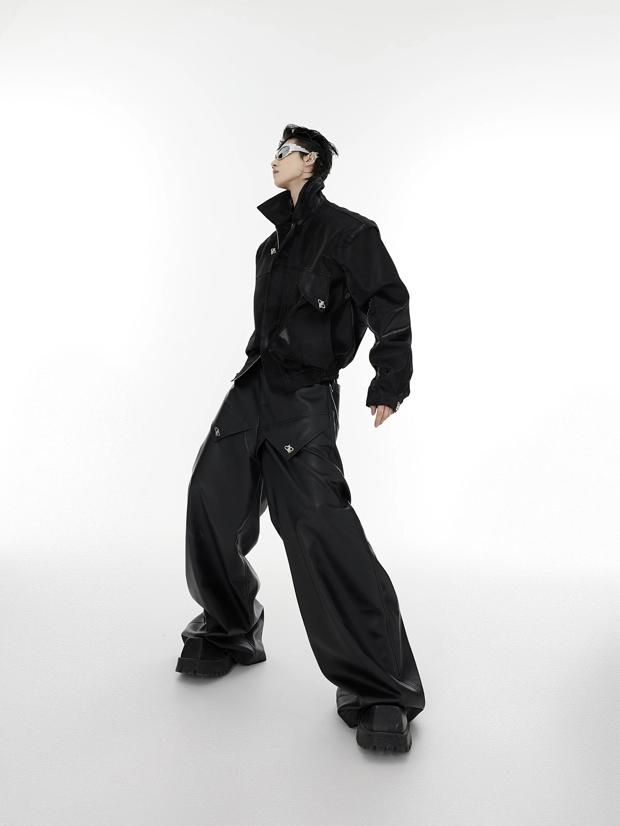 Back view of structured shoulder pad cropped jacket for men