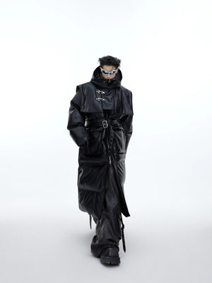 Male model wearing deconstructed long puffer jacket in a street setting