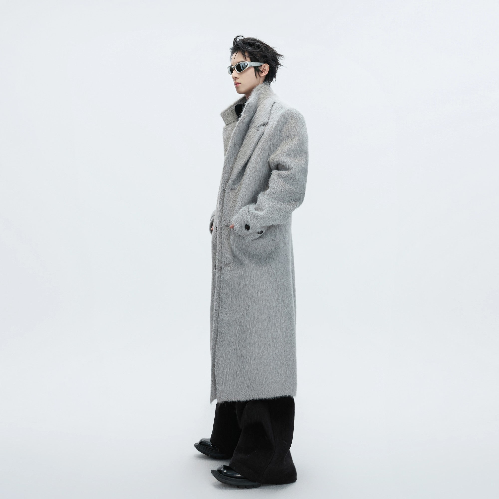 Gray long wool trench coat with double-breasted button details