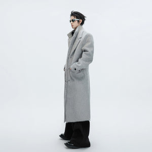 Gray long wool trench coat with double-breasted button details