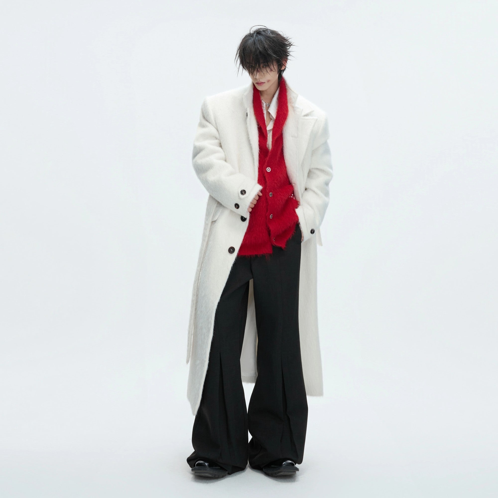 Detail shot of the fake two-piece design and wool fabric texture