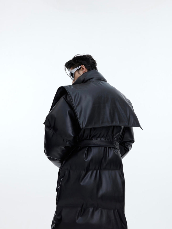 Deconstructed Longline Hooded Puffer | Designer Thick Leather Overcoat - ArguE CulturE