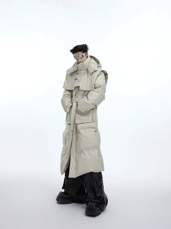 Deconstructed Longline Hooded Puffer | Designer Thick Leather Overcoat - ArguE CulturE