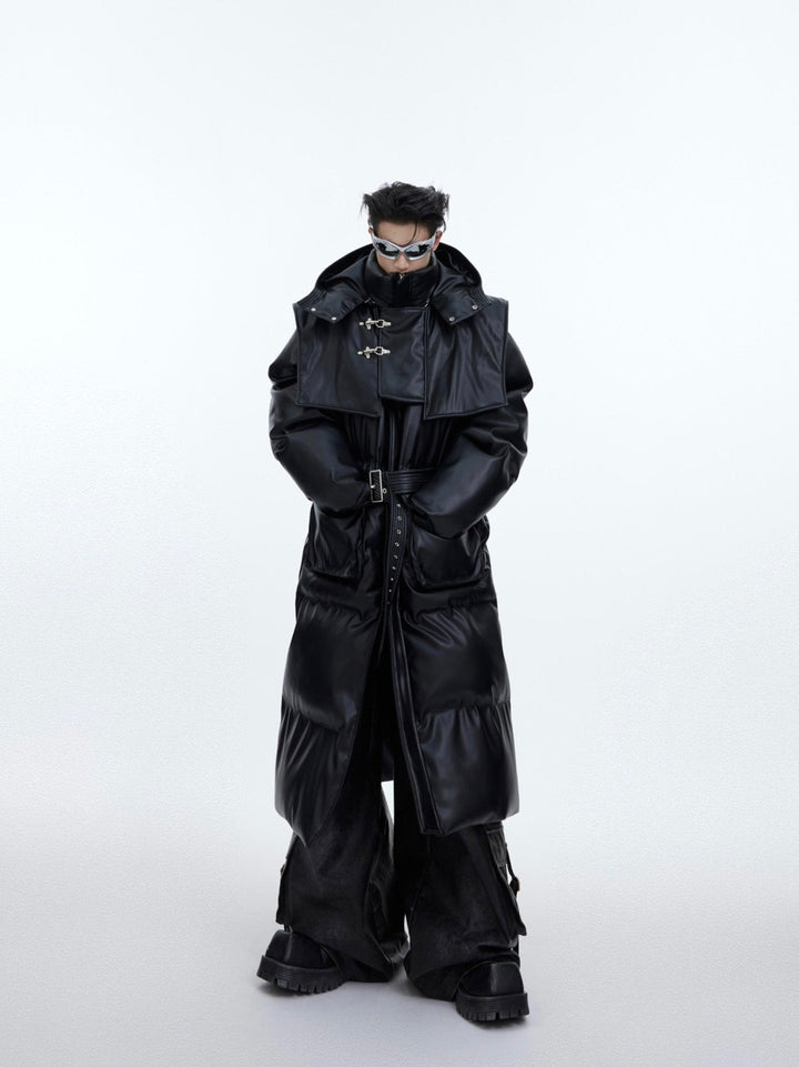 Deconstructed Longline Hooded Puffer | Designer Thick Leather Overcoat - ArguE CulturE