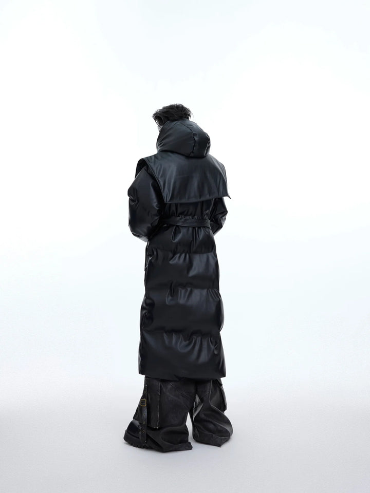 Deconstructed Longline Hooded Puffer | Designer Thick Leather Overcoat - ArguE CulturE