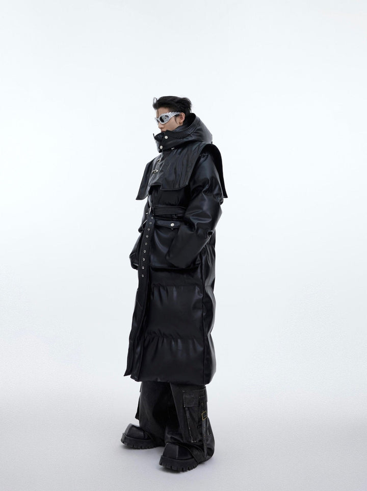 Deconstructed Longline Hooded Puffer | Designer Thick Leather Overcoat - ArguE CulturE