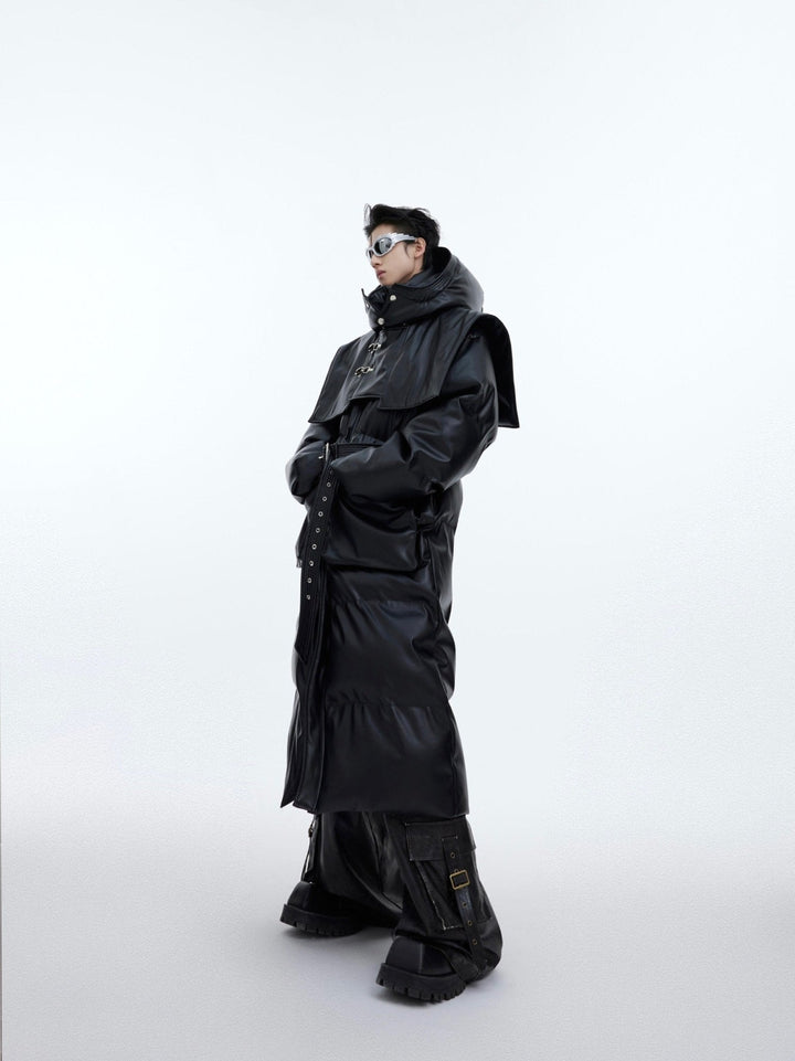 Deconstructed Longline Hooded Puffer | Designer Thick Leather Overcoat - ArguE CulturE