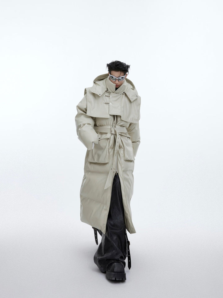 Deconstructed Longline Hooded Puffer | Designer Thick Leather Overcoat - ArguE CulturE