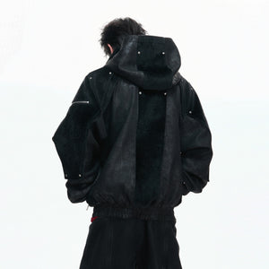 Back view of hooded faux leather jacket with matte finish