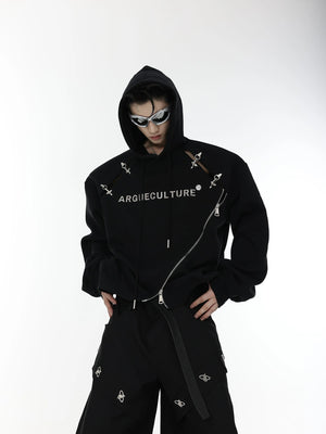 Side view of white futuristic hoodie showing hollow-out splicing and metal zippers.