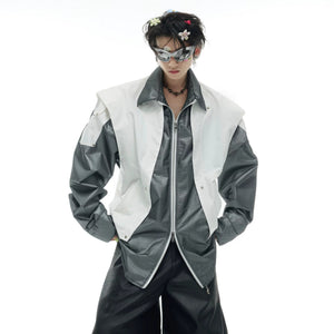 White deconstructed cargo shirt jacket with metallic accents front view