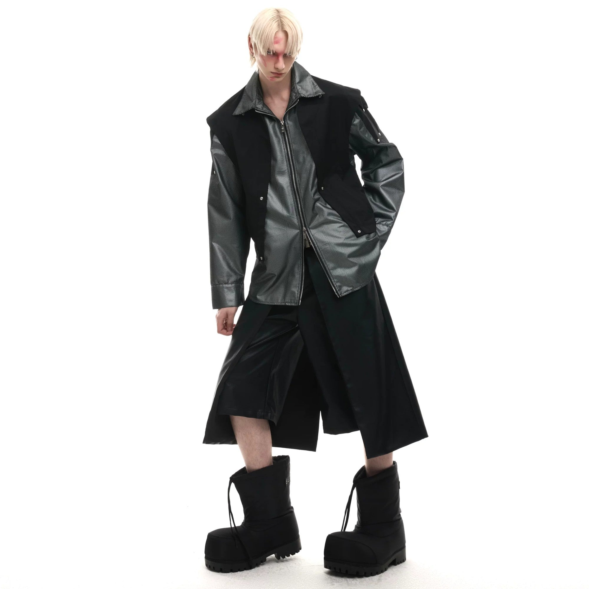 Black streetwear cape jacket with utility pockets side view