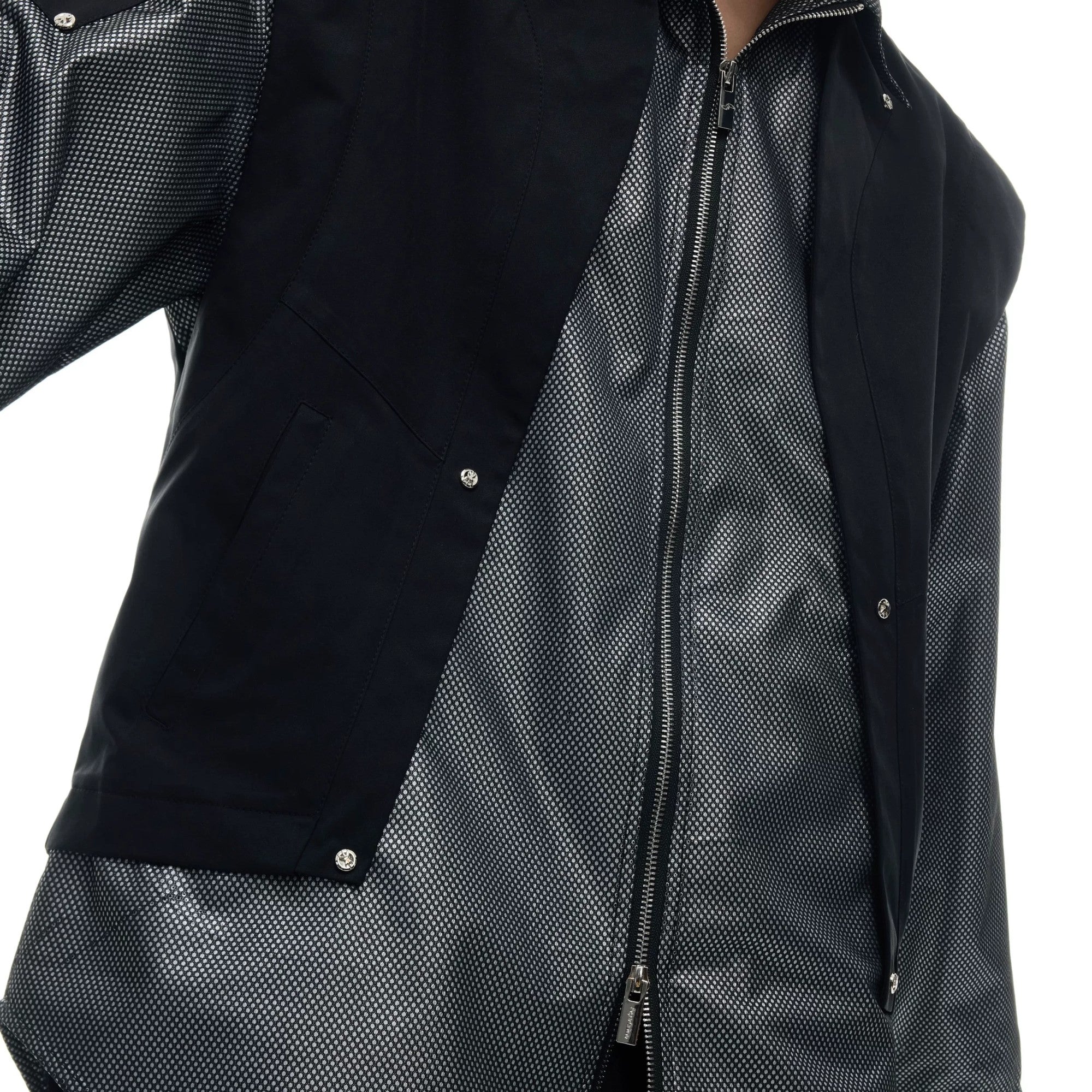 Close up of high-quality zinc alloy buttons on cargo jacket