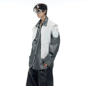 Model wearing deconstructed metallic cargo jacket in urban setting