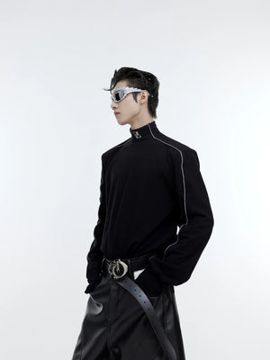 Front view of black deconstructed mock neck top with reflective strips