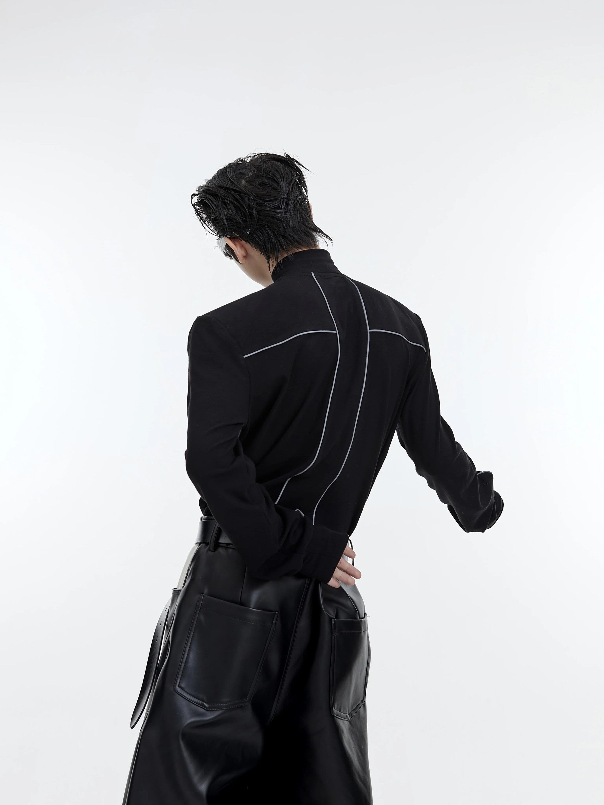 Back view of slim fit long sleeve shirt with raglan sleeves