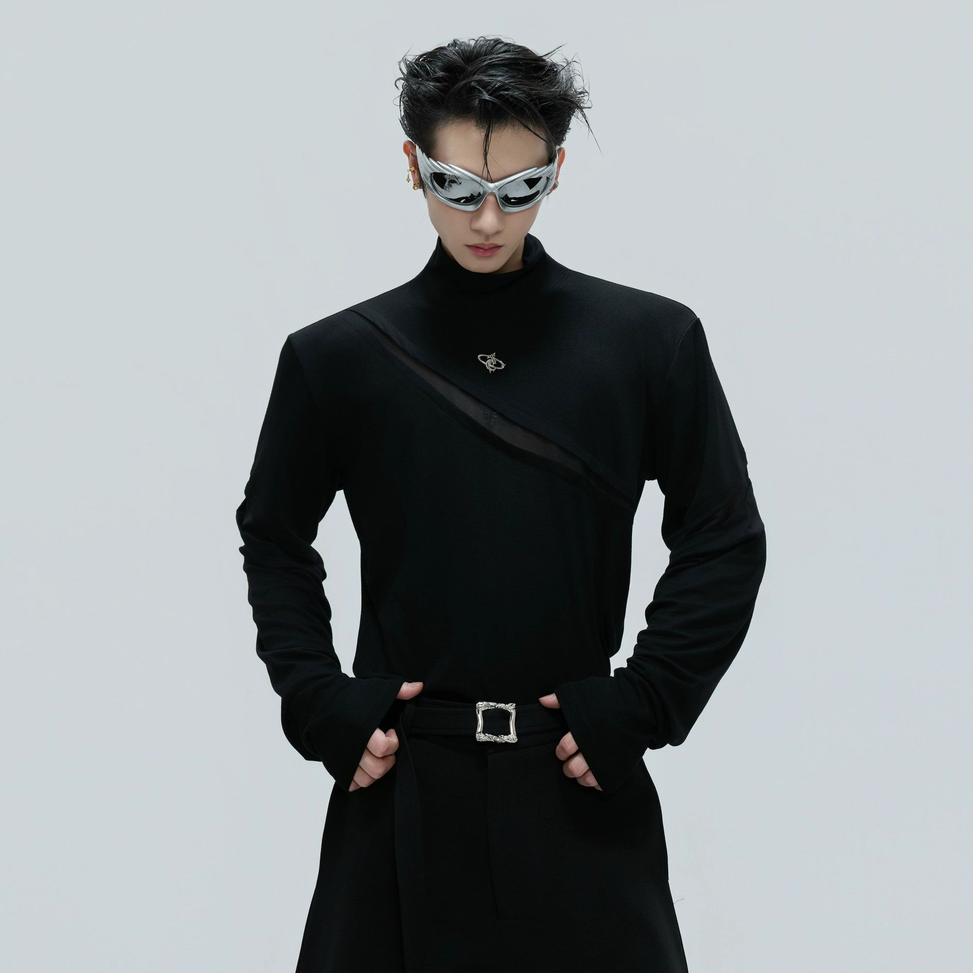 Front view of black deconstructed mock neck slim fit long sleeve t-shirt