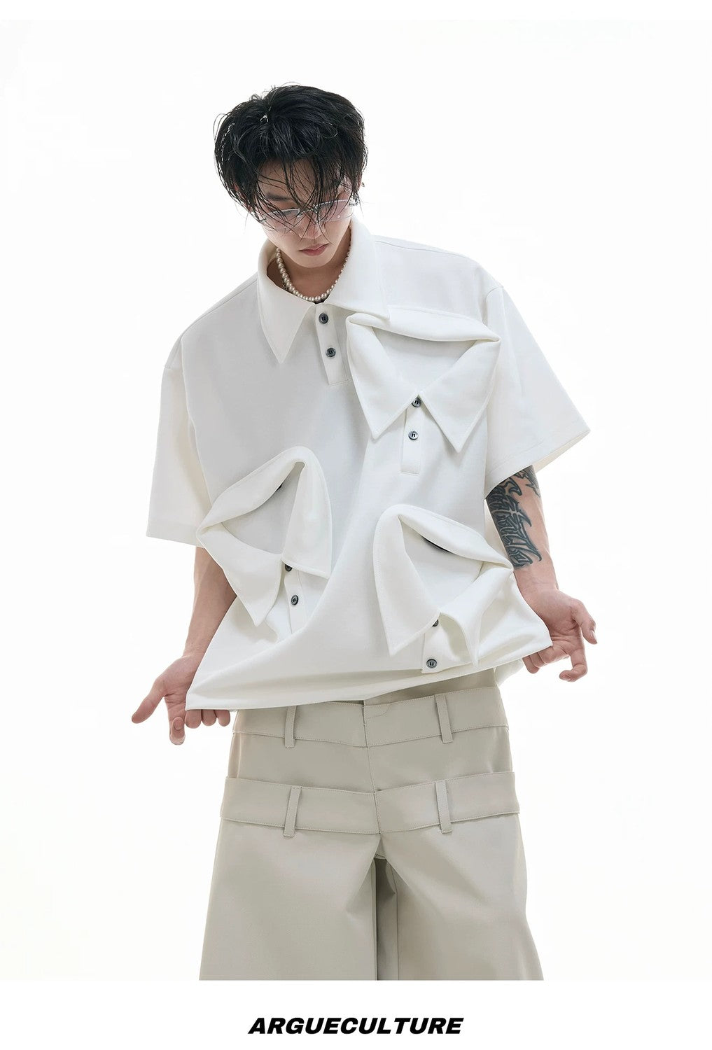 desc::deconstructed-multi-collar-heavyweight-polo-shirt-detail-img-13