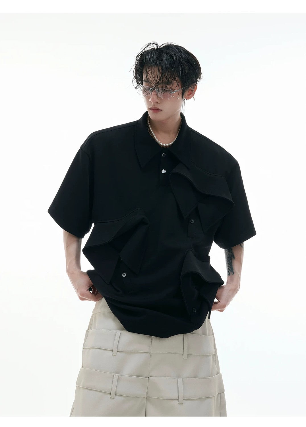 desc::deconstructed-multi-collar-heavyweight-polo-shirt-detail-img-5