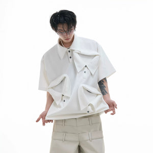 Black deconstructed multi-collar polo shirt front view in loose fit