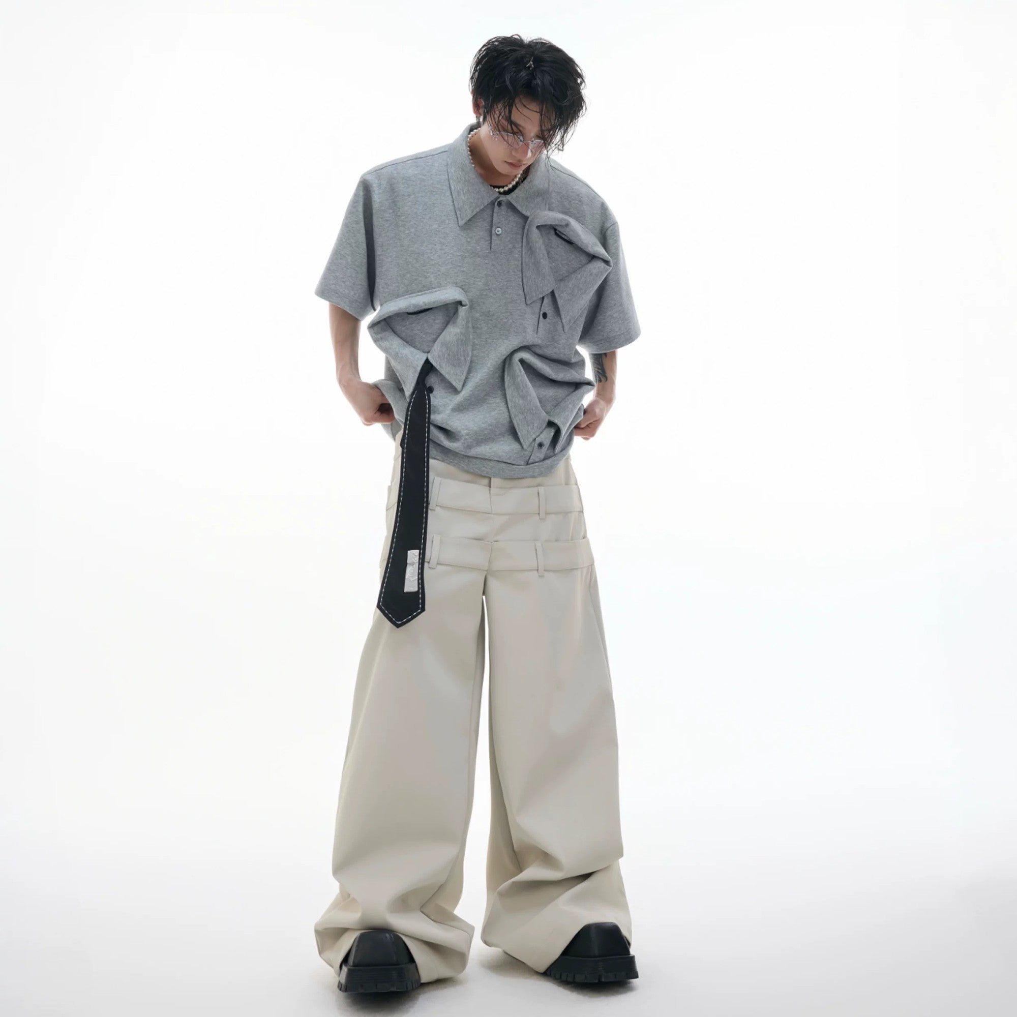 Detail shot of the heavyweight cotton blend fabric and 3D embossing