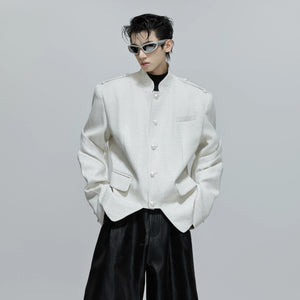 Front view of the deconstructed stand collar jacket in black streetwear style