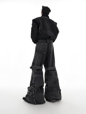 Back view of high-waisted streetwear cargo denim
