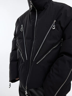 Back view of short baggy streetwear puffer jacket in black