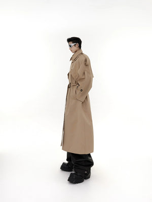 Back view of a loose fit long streetwear coat with premium stitching
