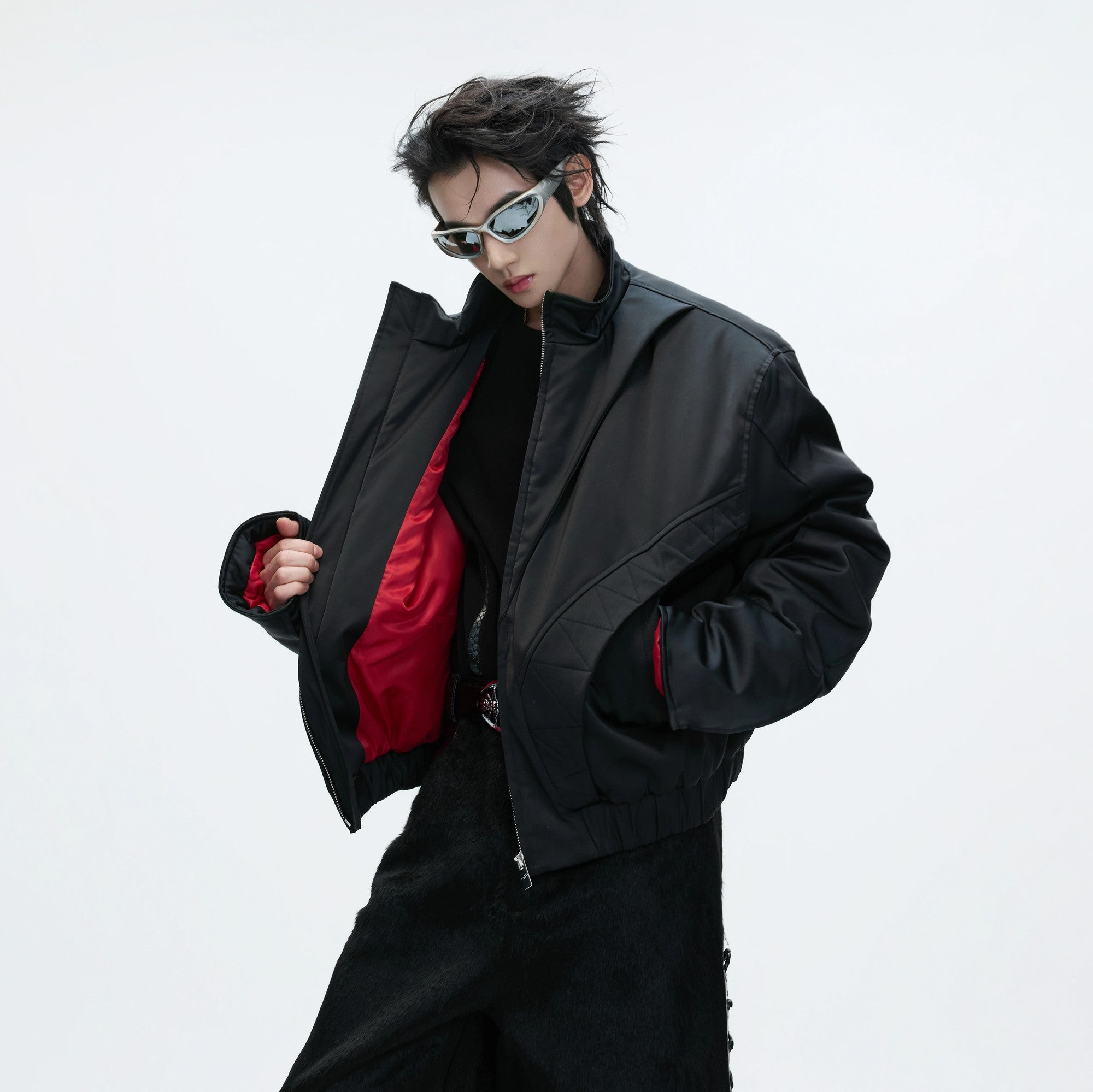 Front view of the brown deconstructed padded bomber jacket