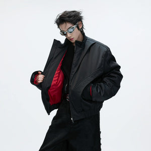 Front view of the brown deconstructed padded bomber jacket