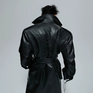 Back view of the long-line deconstructed leather jacket showing seam details