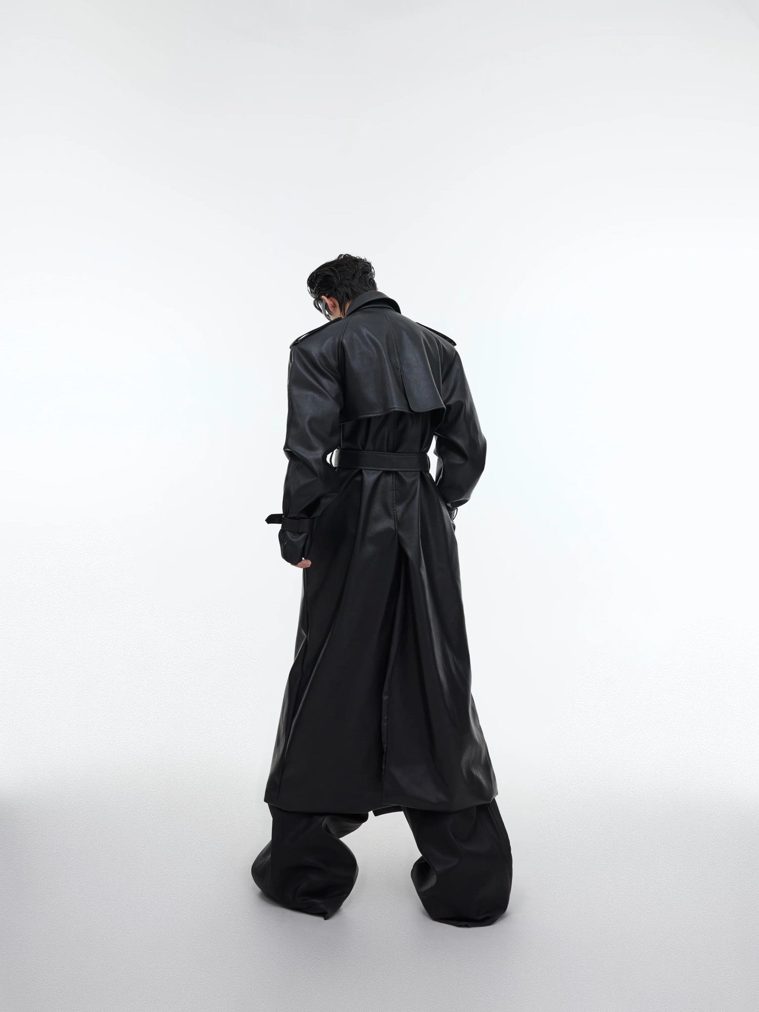Close up of the adjustable waist belt on leather trench coat