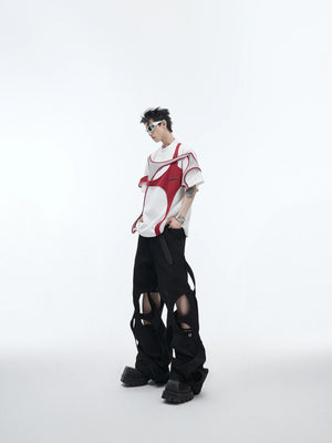 Detailed shot of titanium alloy studs and metal accents on the shirt