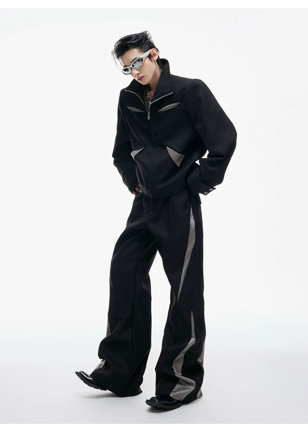 desc::deconstructed-patchwork-cropped-jacket-flare-pants-set-detail-img-11
