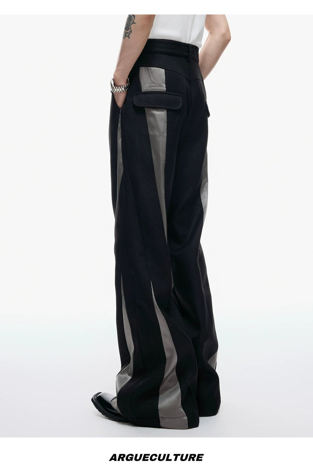 desc::deconstructed-patchwork-cropped-jacket-flare-pants-set-detail-img-14