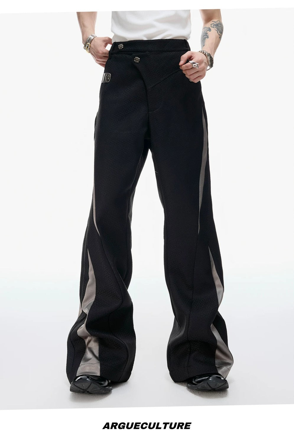 desc::deconstructed-patchwork-cropped-jacket-flare-pants-set-detail-img-15