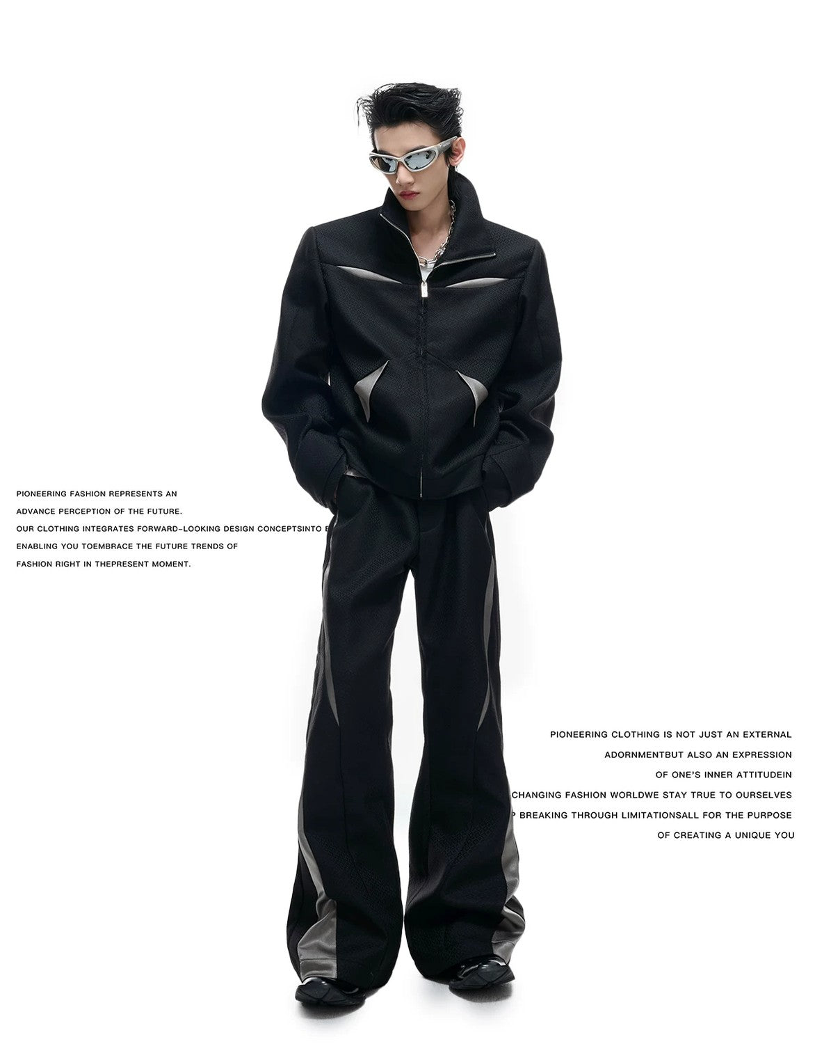 desc::deconstructed-patchwork-cropped-jacket-flare-pants-set-detail-img-3