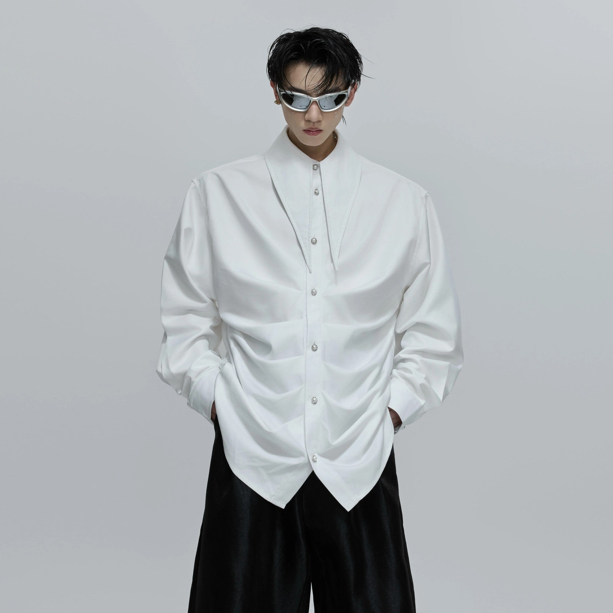 Front view of white deconstructed pleated shirt with scarf collar