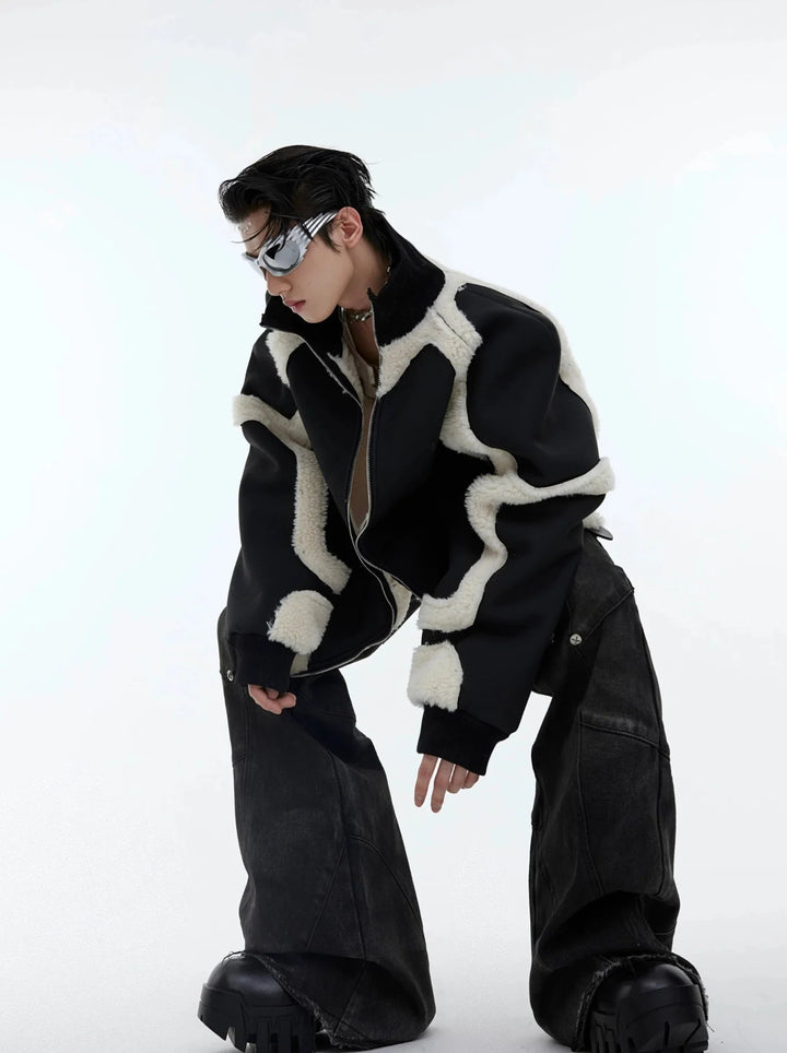 Deconstructed Plush Jacket with Contrast Patchwork | Cozy Fleece Outerwear - ArguE CulturE