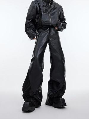 Loose fit black PU leather biker pants with multi-pockets
