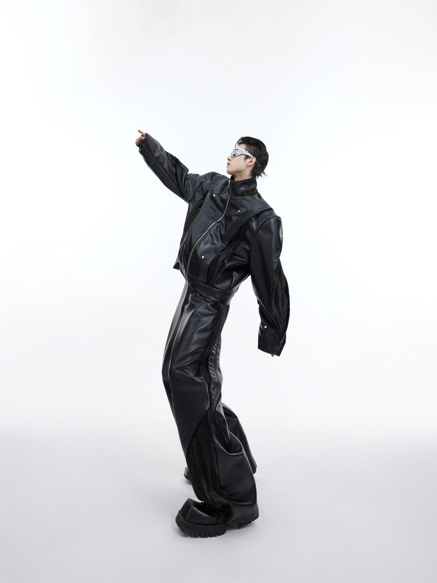 Back view of the oversized deconstructed leather biker set