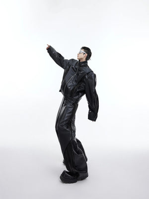 Back view of the oversized deconstructed leather biker set