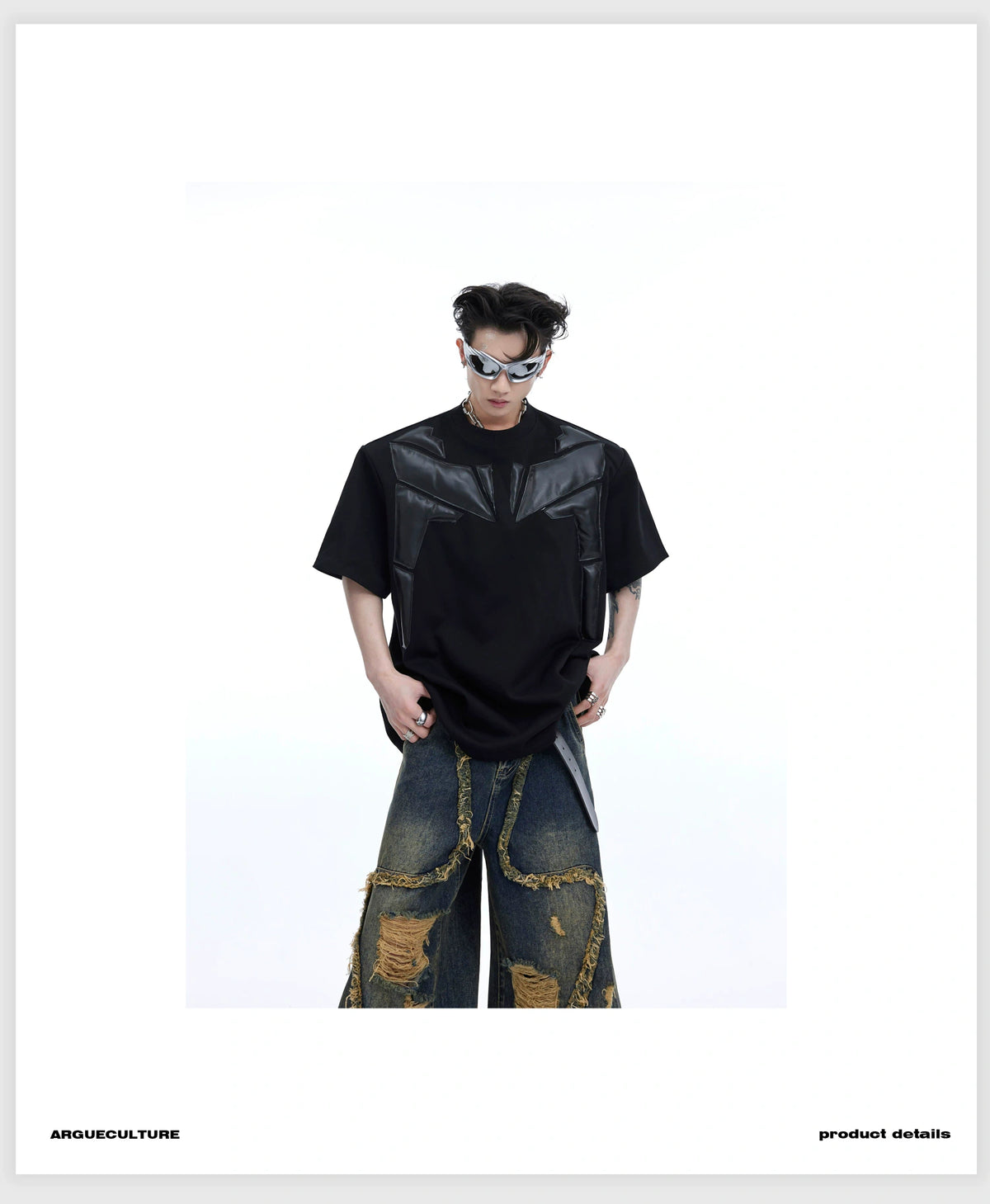Deconstructed PU-Panel Relaxed Shoulder Pad T-Shirt - detail image 4