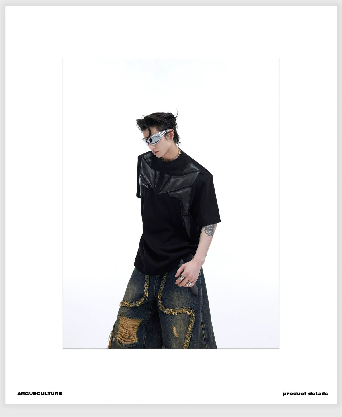 Deconstructed PU-Panel Relaxed Shoulder Pad T-Shirt - detail image 2