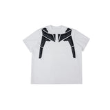 Deconstructed PU-Panel Relaxed Shoulder Pad T-Shirt - White