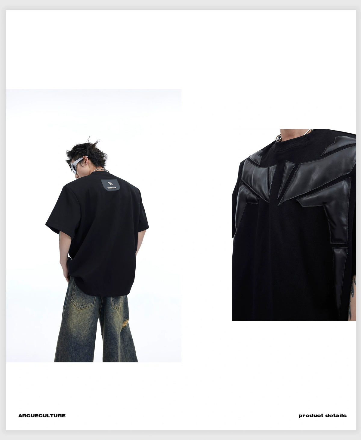Deconstructed PU-Panel Relaxed Shoulder Pad T-Shirt - detail image 3