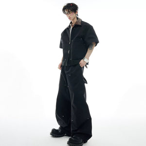 Front view of the deconstructed black PU leather patchwork jacket and cargo set