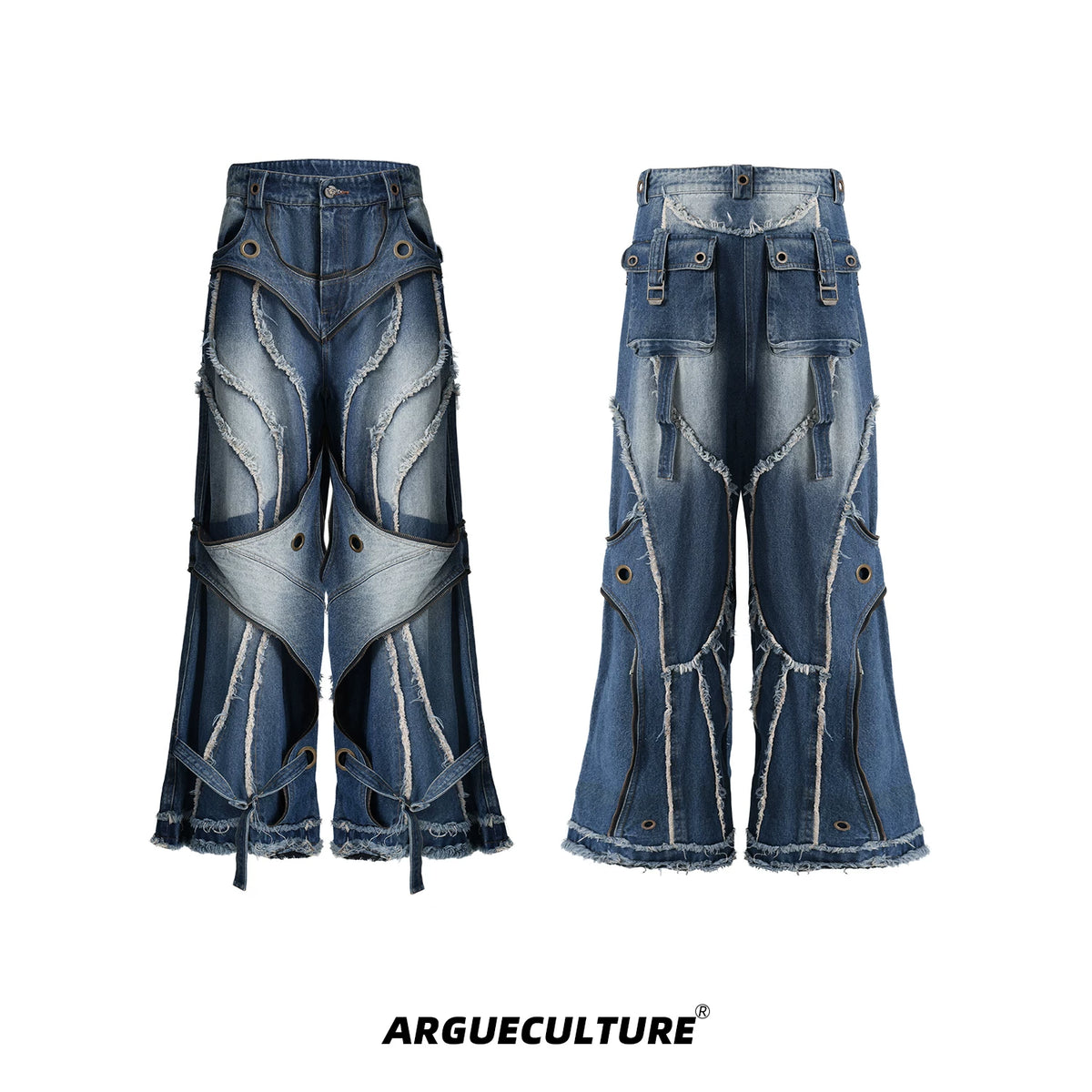 Deconstructed Raw-Edge Wide-Leg Denim Jeans - Raw-Edge Blue