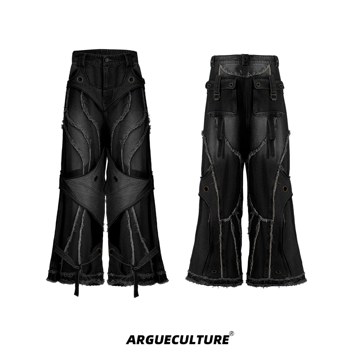 Deconstructed Raw-Edge Wide-Leg Denim Jeans - Raw-Edge Black